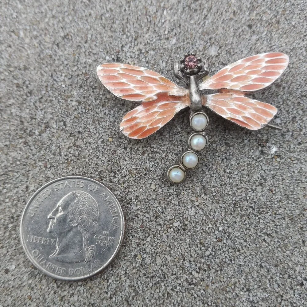 Gerard Yosca Brooch Figural  Vintage Enamel Dragonfly in Silver, Orange + White